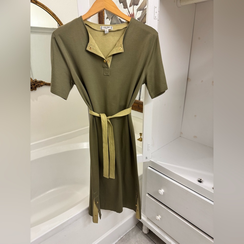 Celine Olive Green Midi Dress with Light Green Trim